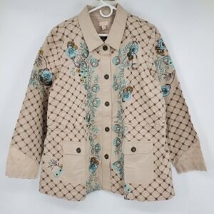 LOGO LAVISH Embroidered Jacket Beige Floral Lattice Button Front XL Boho Artsy